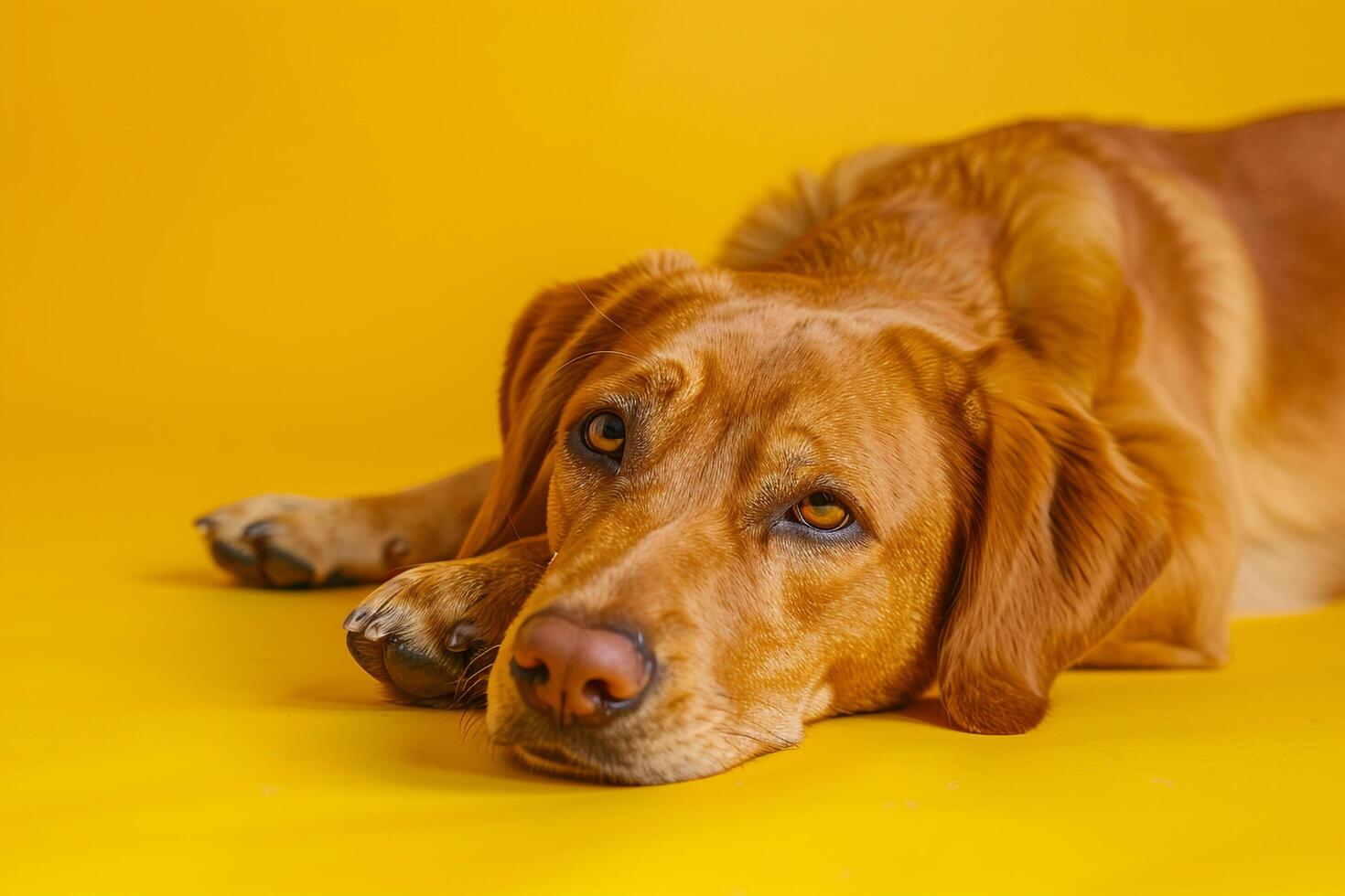 Dog at Ease on a Mustard  ed Background Demonstrating a Calm and Relaxed State photo