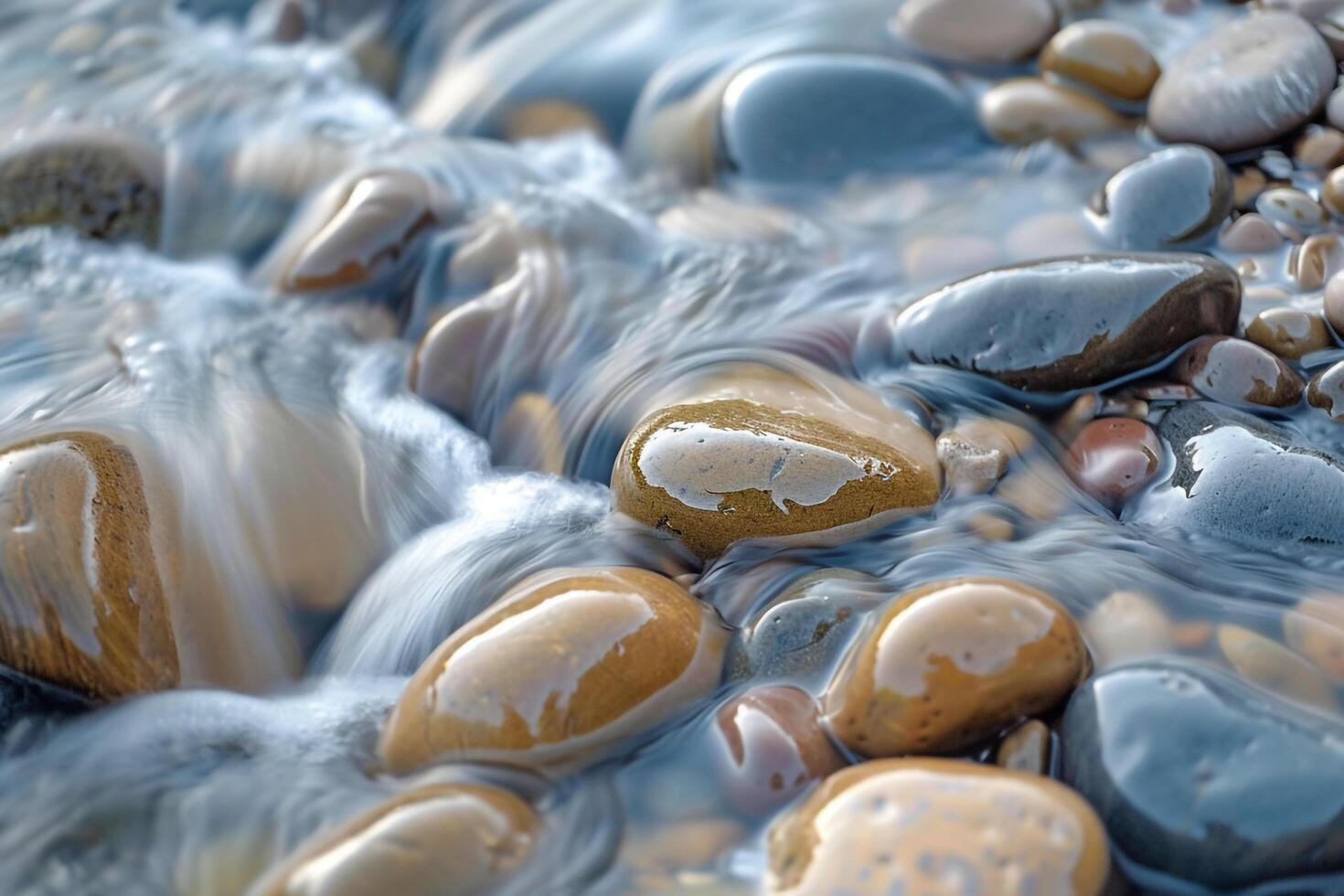 River Textures with Smooth Stones and Flowing Water Capturing Natural Beauty photo