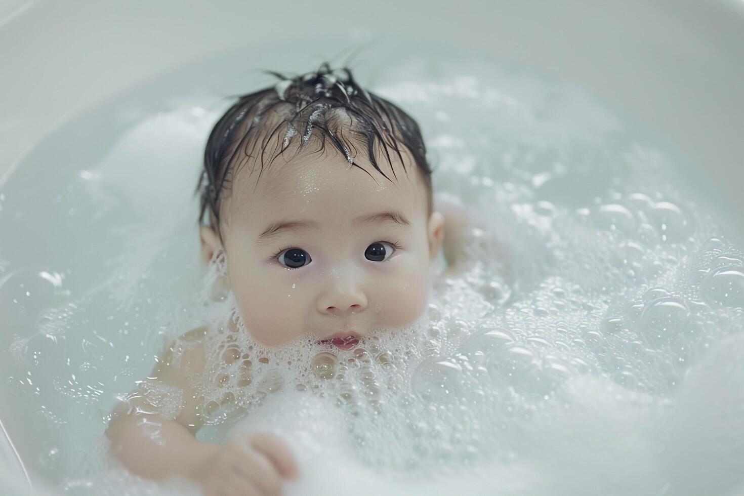 Baby Enjoying Bath Time Splashing Water and Expressing Joyful Emotions photo