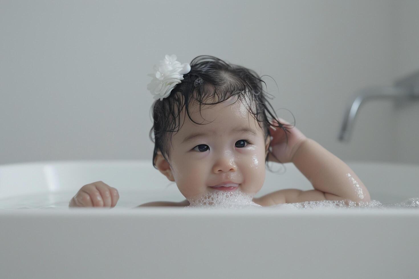 Baby Having a Blast at Bath Time Splashing Water and Showing Excitement photo
