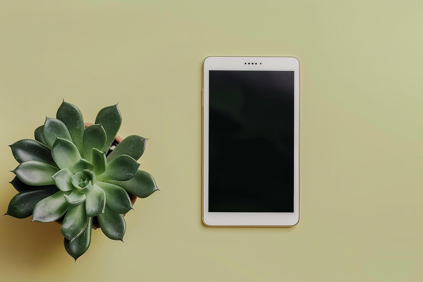 Tablet Screen Mockup in Olive Green Studio with Succulent Plant and   Touch photo