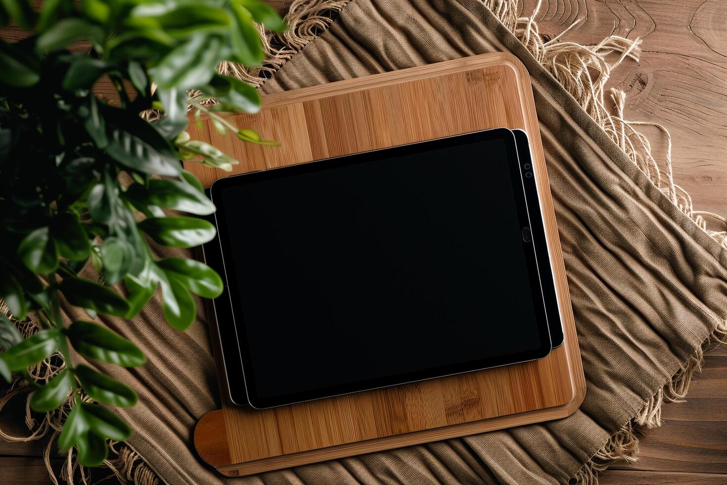 Tablet Screen Mockup with Olive Green Studio Background and a Succulent Plant photo