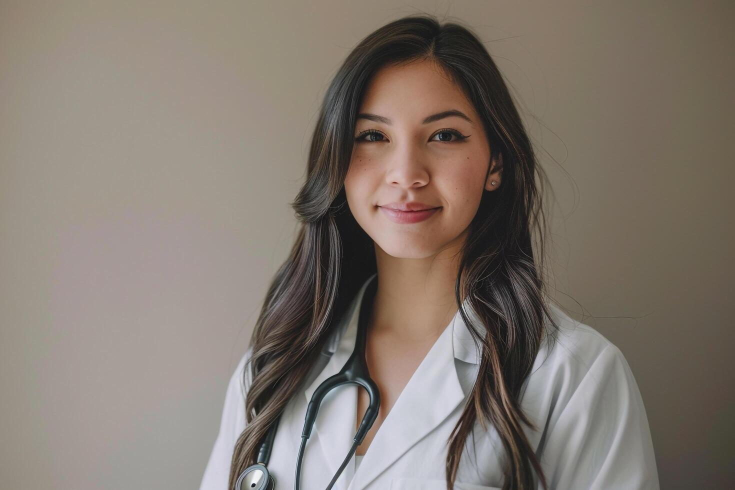 Female Doctor with Natural Light Beige Background Displaying Compassion and Skill photo