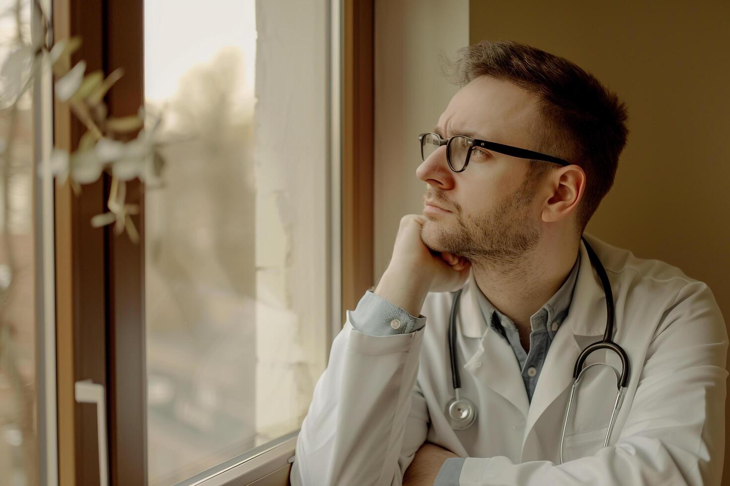 Male Doctor in Contemplative Pose by Window with Beige Background photo