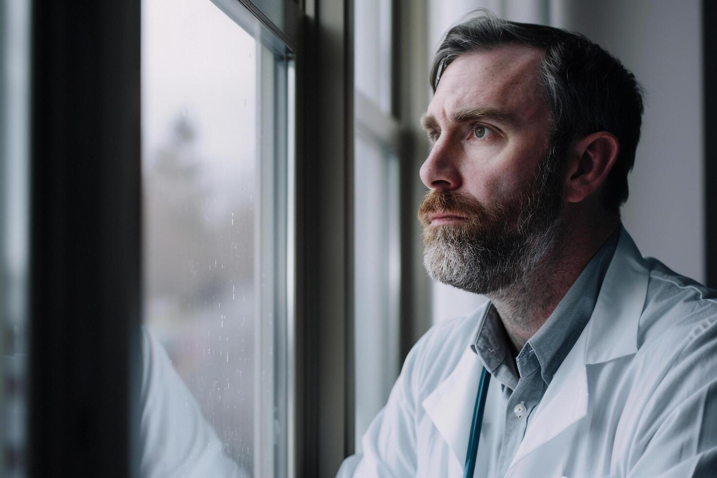 Male Doctor in Reflective Pose by Window with Daylight Background photo