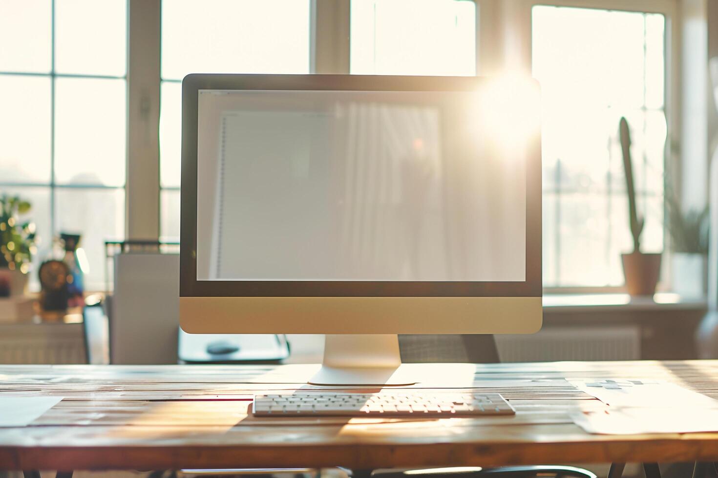 Desktop Computer Mockup with Natural Wood Top Under Daylight in a   and   Office photo