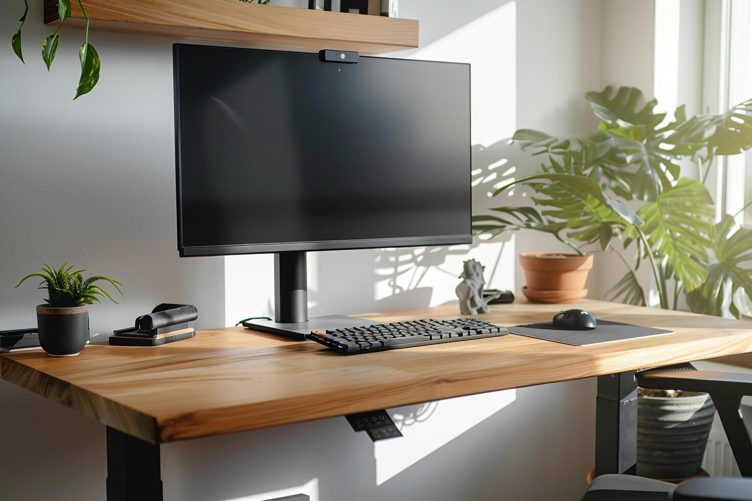 Desktop Computer Mockup Featuring a Natural Wood Top and Daylight for a Chic and   Desk photo