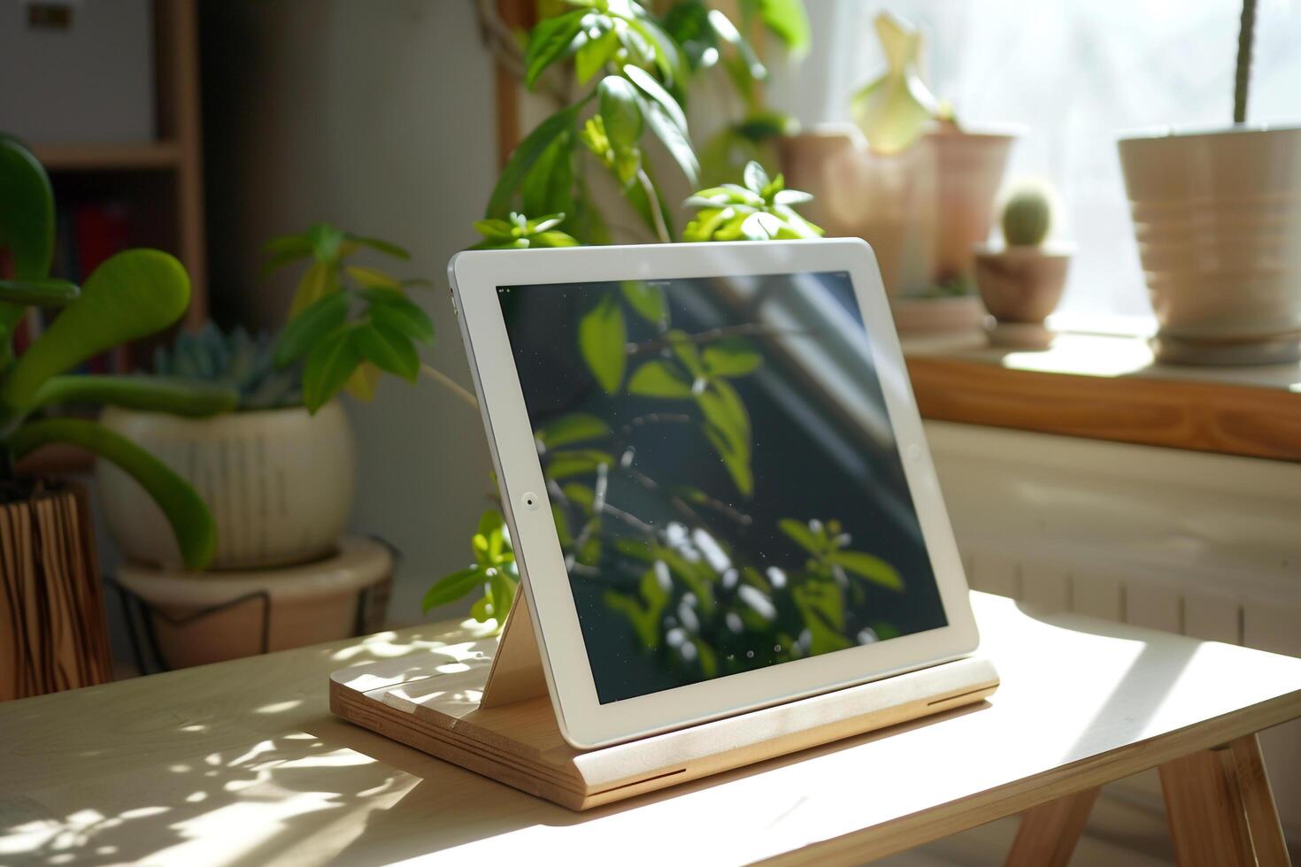 Tablet Mockup with Natural Wood Top Under Daylight in a Trendy Desk Setup photo