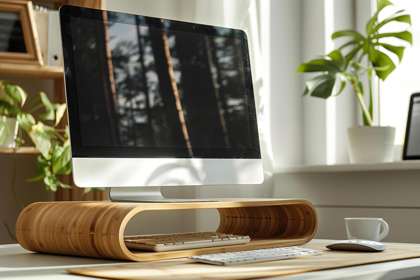 Desktop Computer Mockup with Natural Bamboo Top and Daylight in a Contemporary Office Space photo
