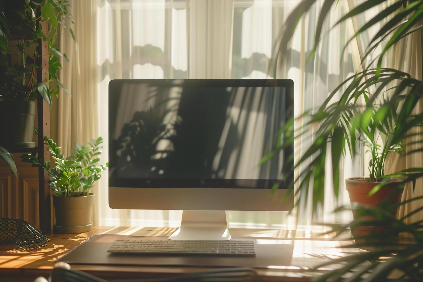 Desktop Computer Mockup Featuring a Natural Bamboo Top and Daylight in a   Office Environment photo