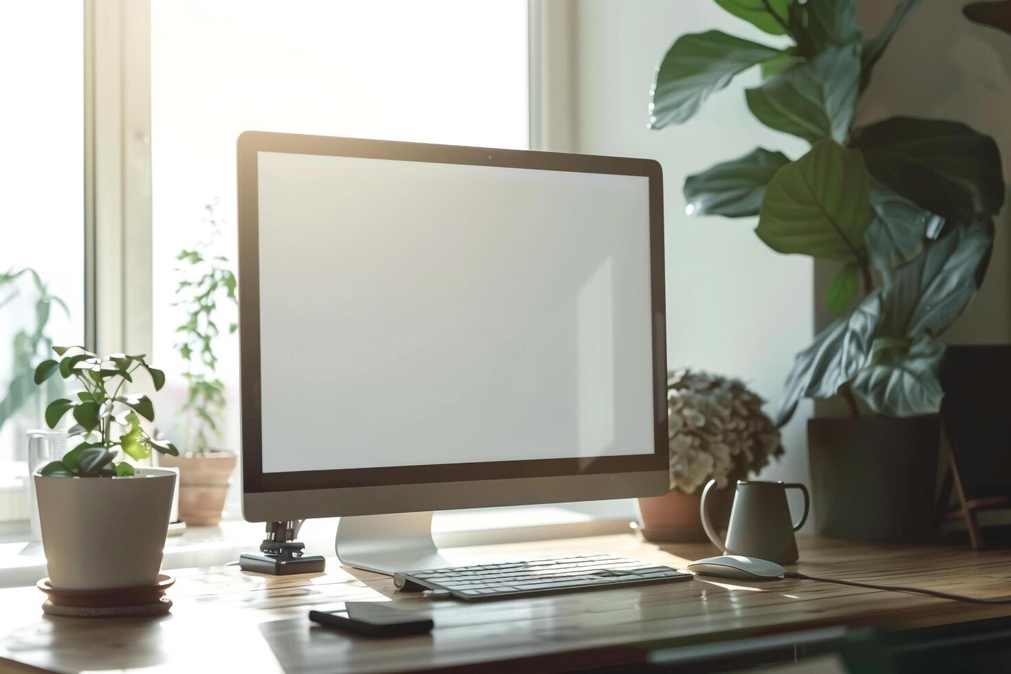 Desktop Computer Mockup on Bamboo with Natural Light and Neutral Background photo