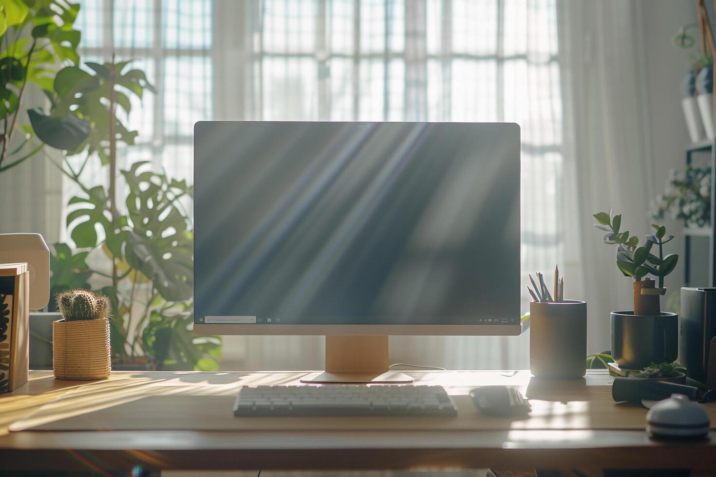 Desktop Computer Display Mockup on Bamboo Top with   Daylight and   Background photo