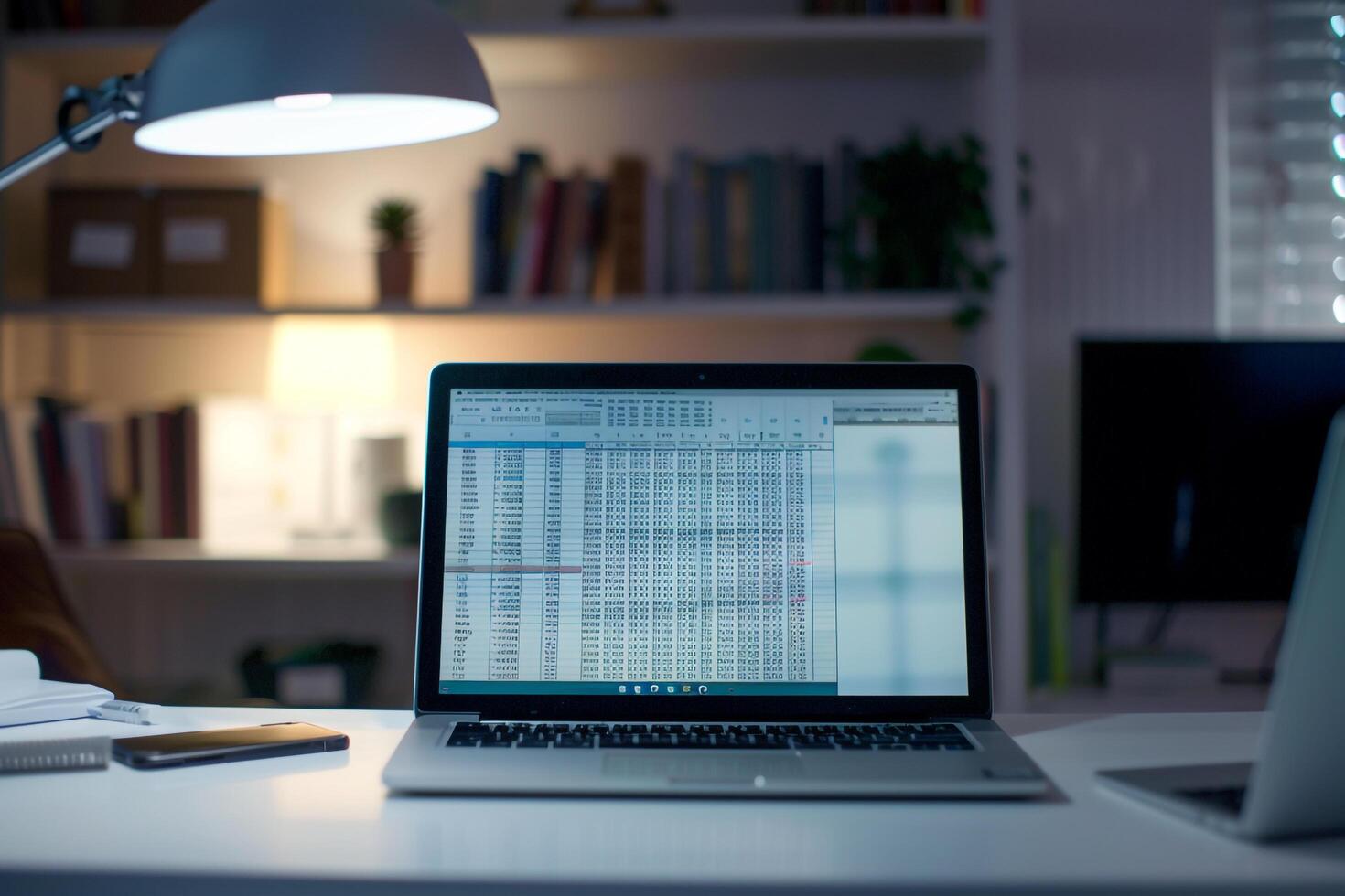Laptop Mockup Displaying a  Spreadsheet on a White Desk in a Corporate Office photo