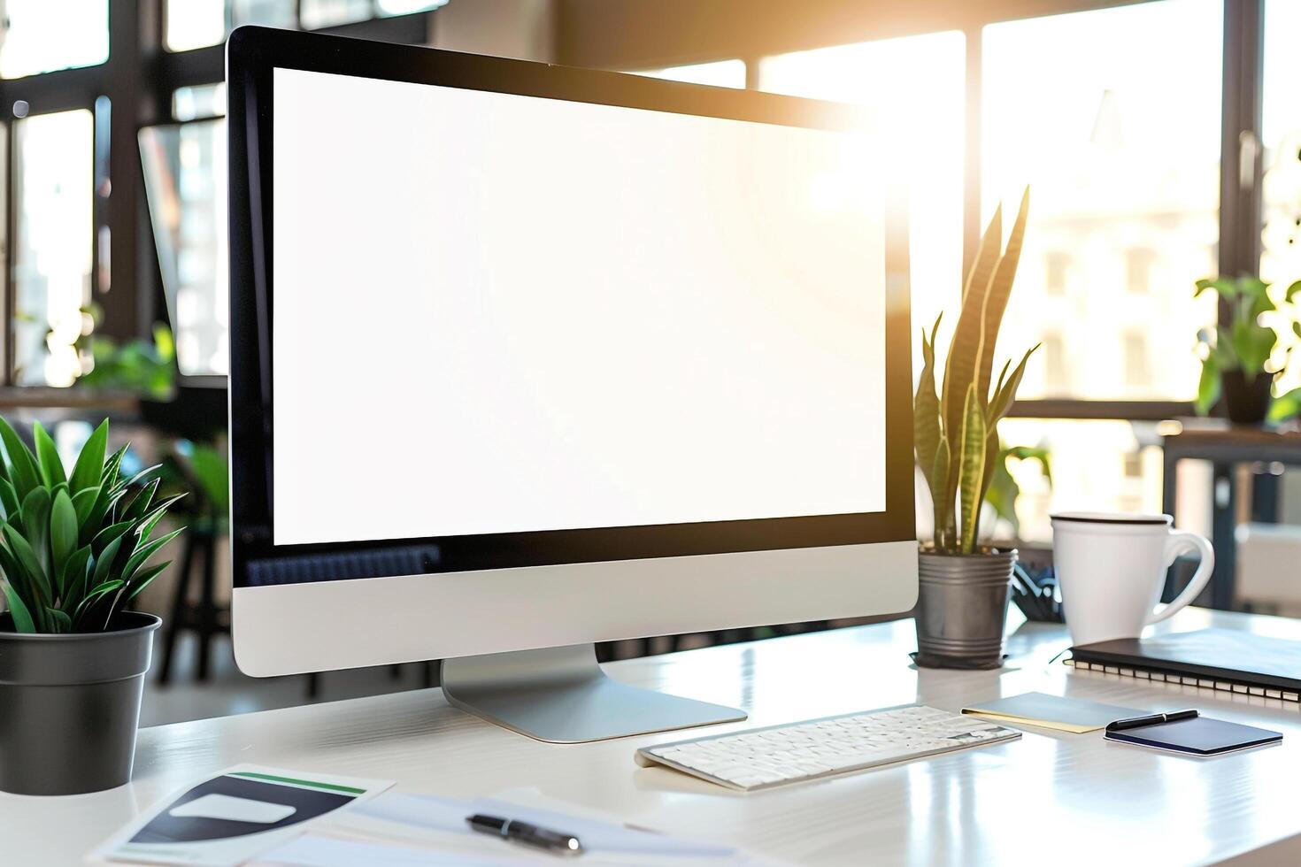 Computer Mockup Screen on White Desk with Business Cards Scattered photo