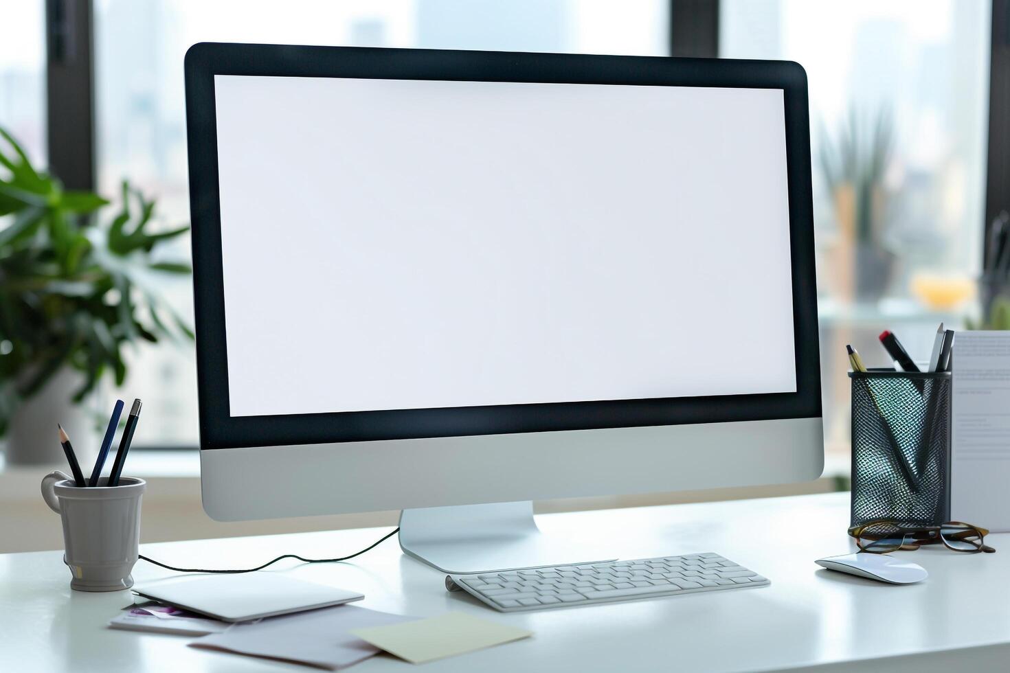 Computer Mockup Screen on White Desk with Business Cards Scattered photo