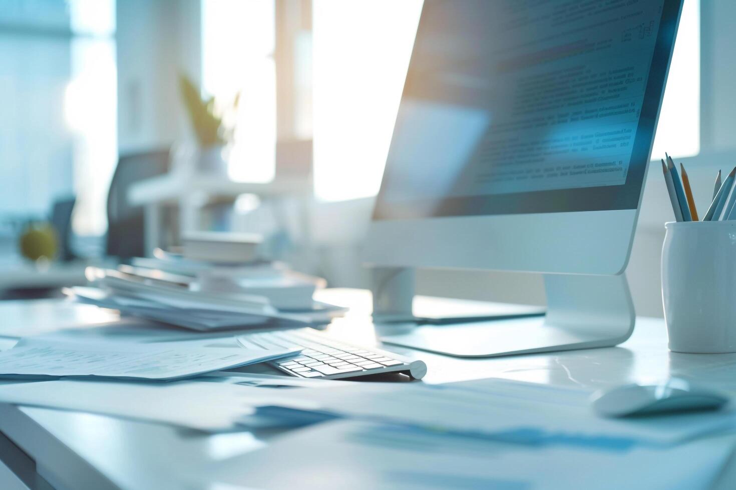 Computer Mockup Screen on White Desk with Business Documents Scattered photo