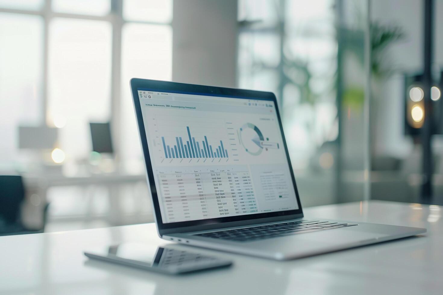 A Laptop Mockup Background on a White Desk in a Corporate Environment photo