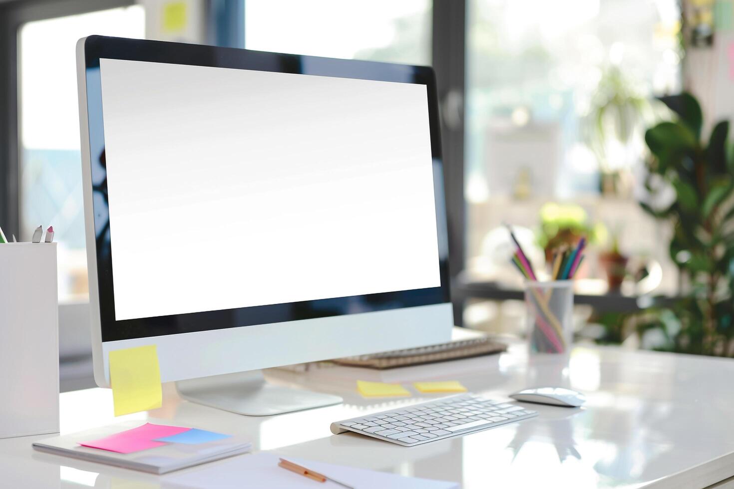 Computer Mockup Screen on White Desk with Meeting Notes Scattered photo