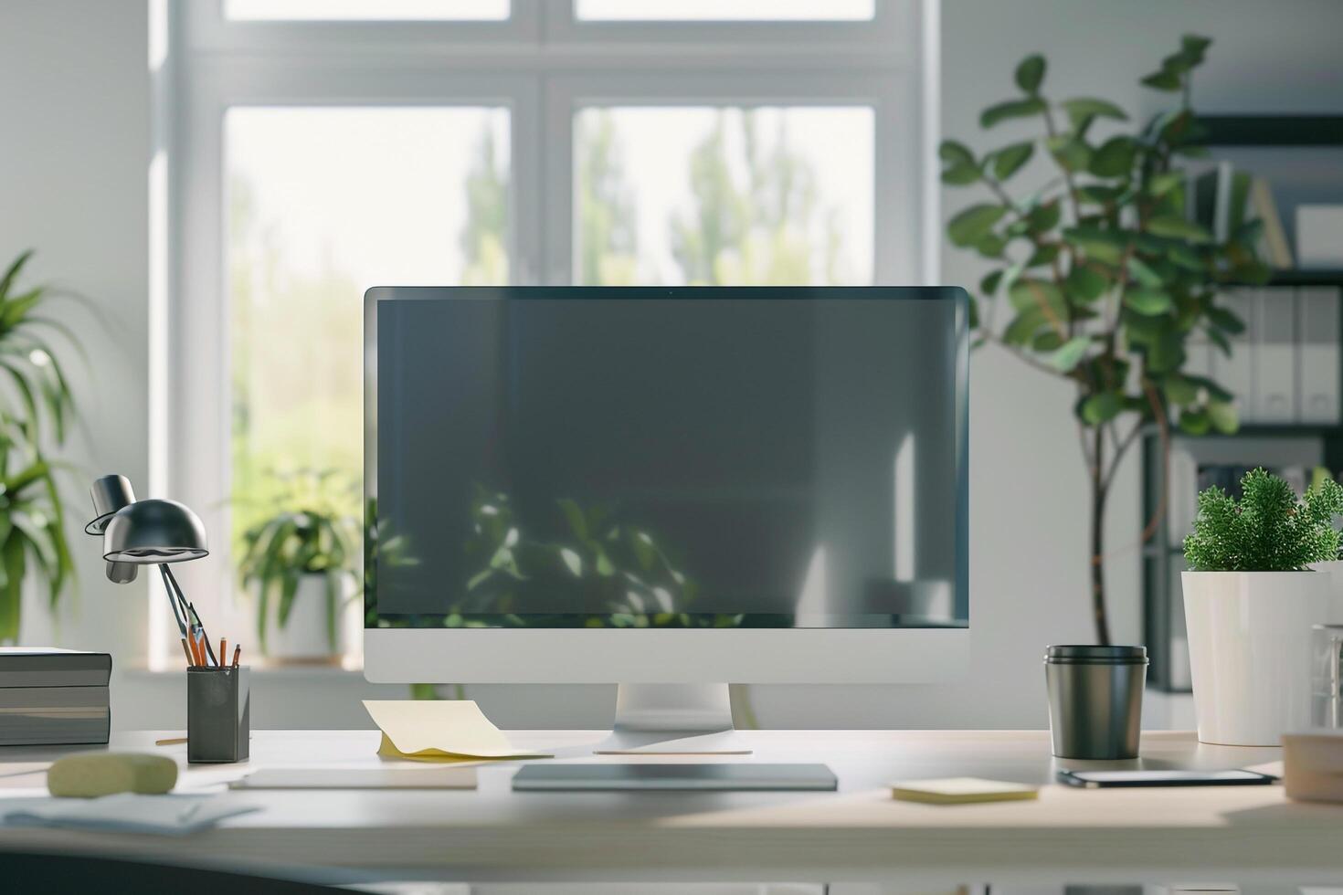 Computer Mockup Screen on White Desk with Meeting Notes Scattered photo
