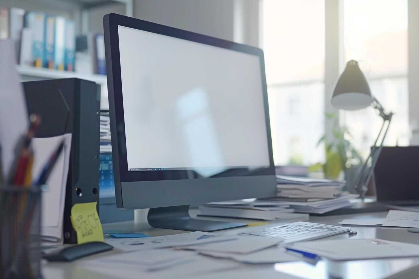 Computer Mockup Screen on White Desk with Business Documents Scattered photo