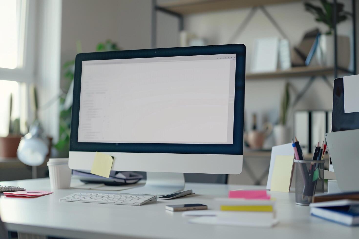Computer Mockup Screen on White Desk with Meeting Notes Scattered photo