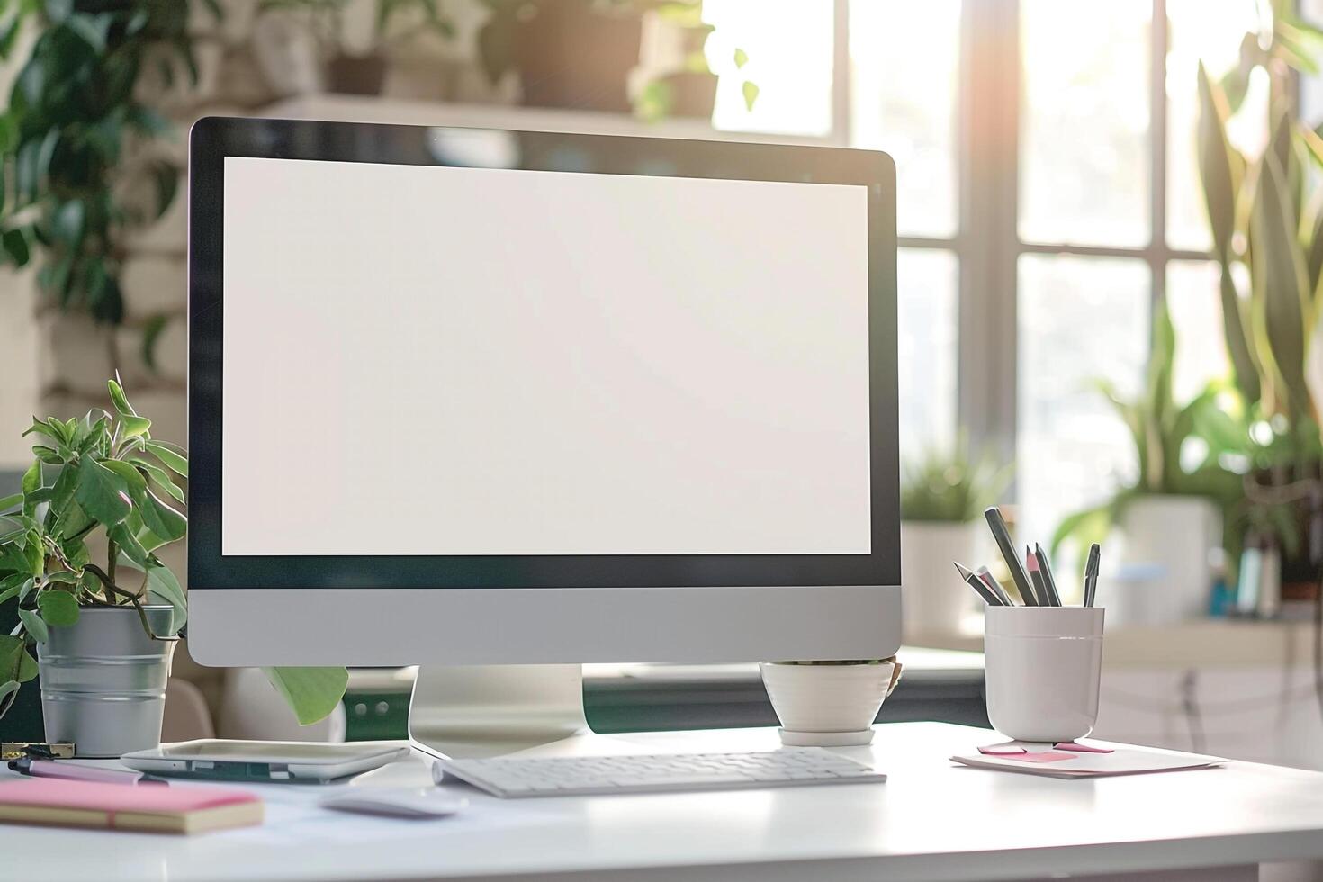 Computer Mockup Screen on White Desk with Meeting Notes Scattered photo