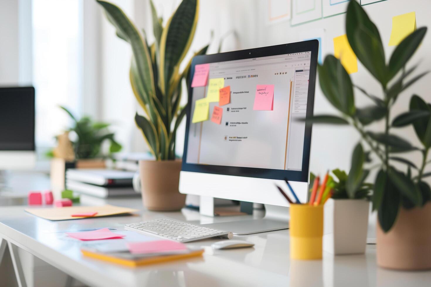Computer Mockup Screen on White Desk with Meeting Notes Scattered photo