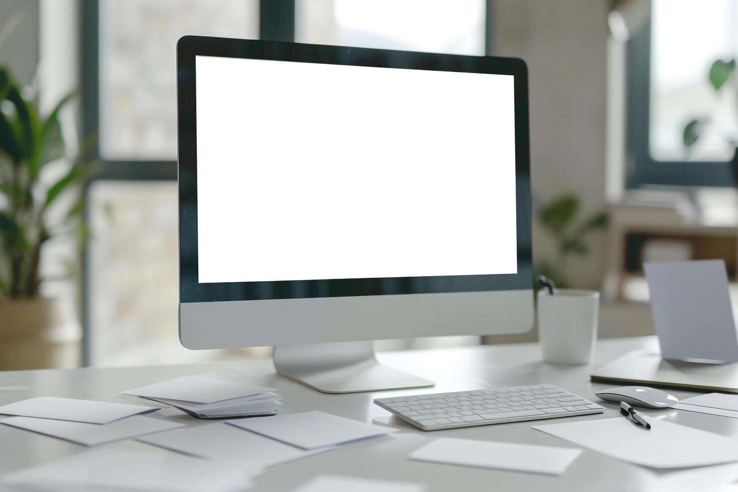 Computer Mockup Screen on White Desk with Business Cards Scattered photo