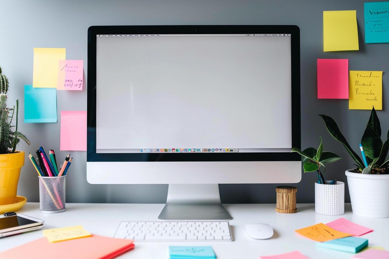 Computer Mockup Screen on White Desk with Meeting Notes Scattered photo