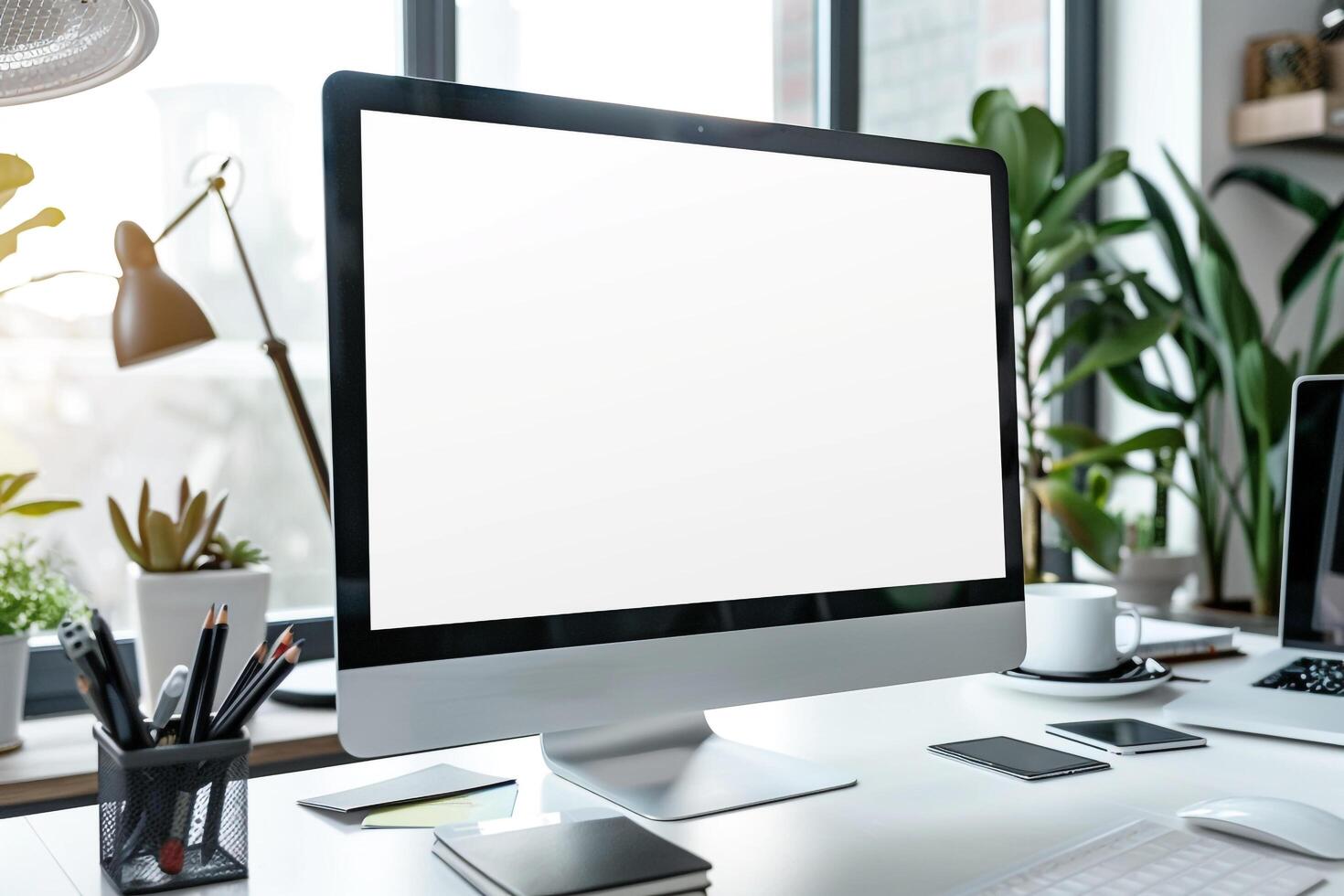 Computer Mockup Screen on White Desk with Business Cards Scattered photo