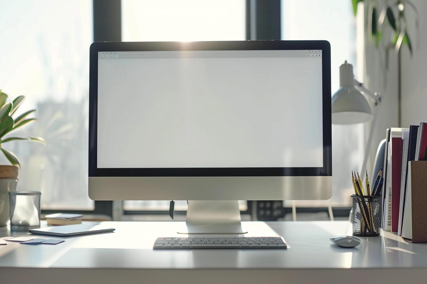 Computer Mockup Screen and Business Cards on White Desk photo