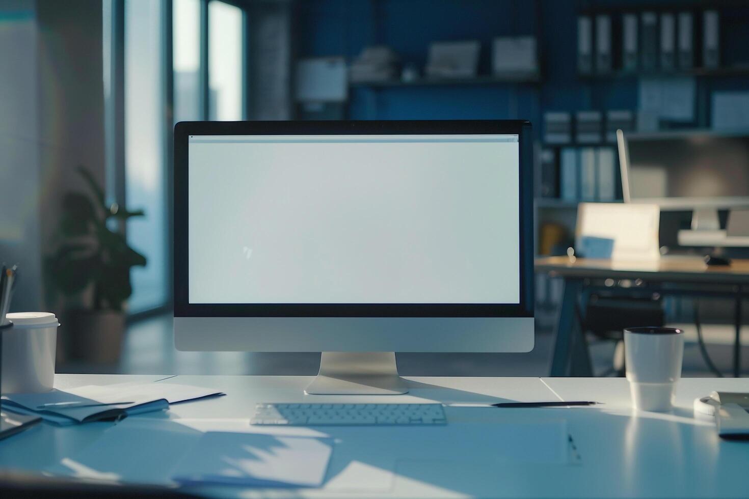 Computer Mockup with Corporate Documents on White Desk photo