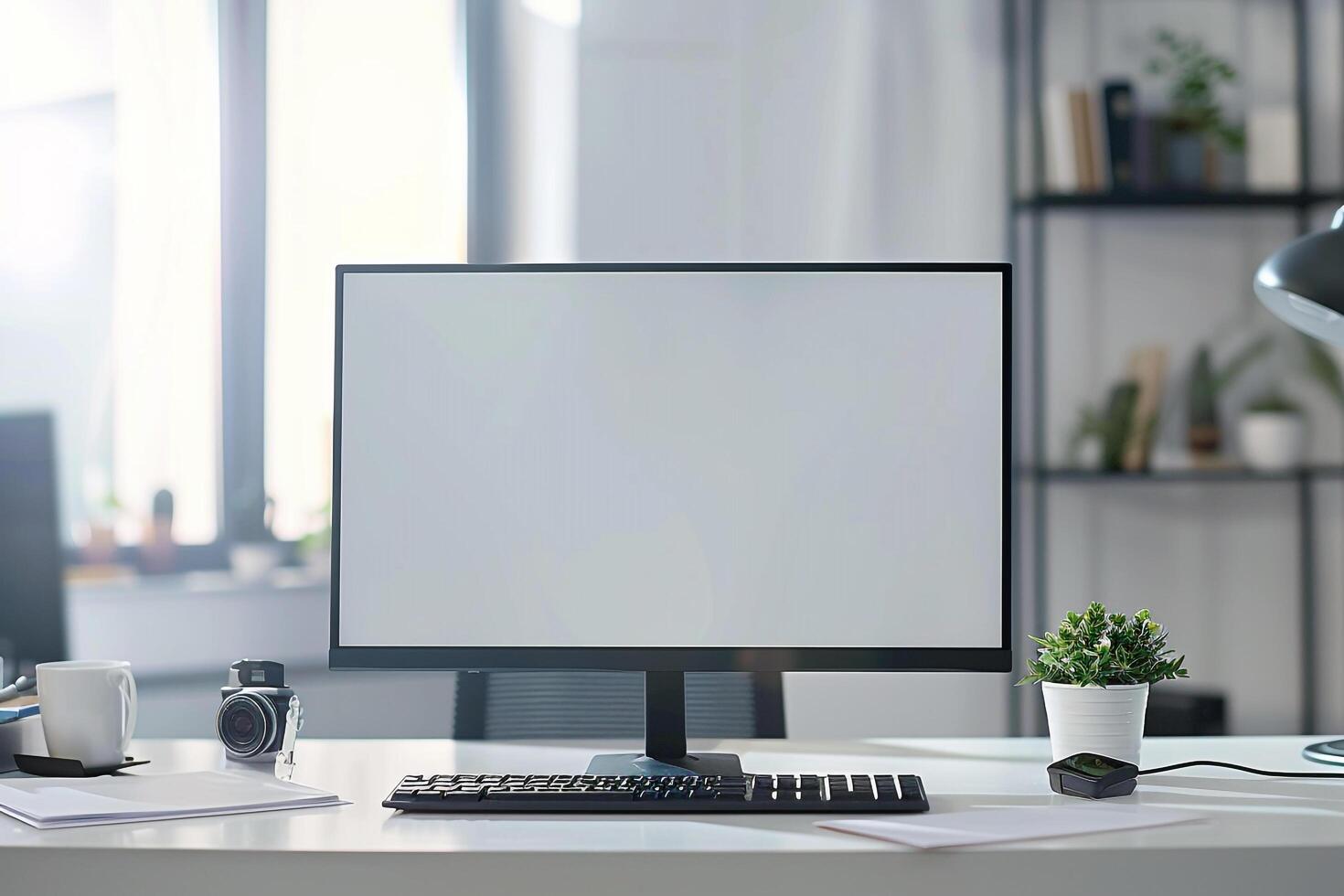 Computer Mockup with Corporate Documents on White Desk photo