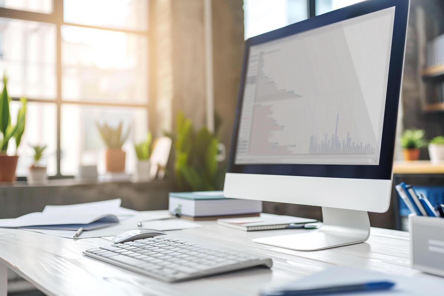 Computer Mockup with Corporate Documents on White Desk photo