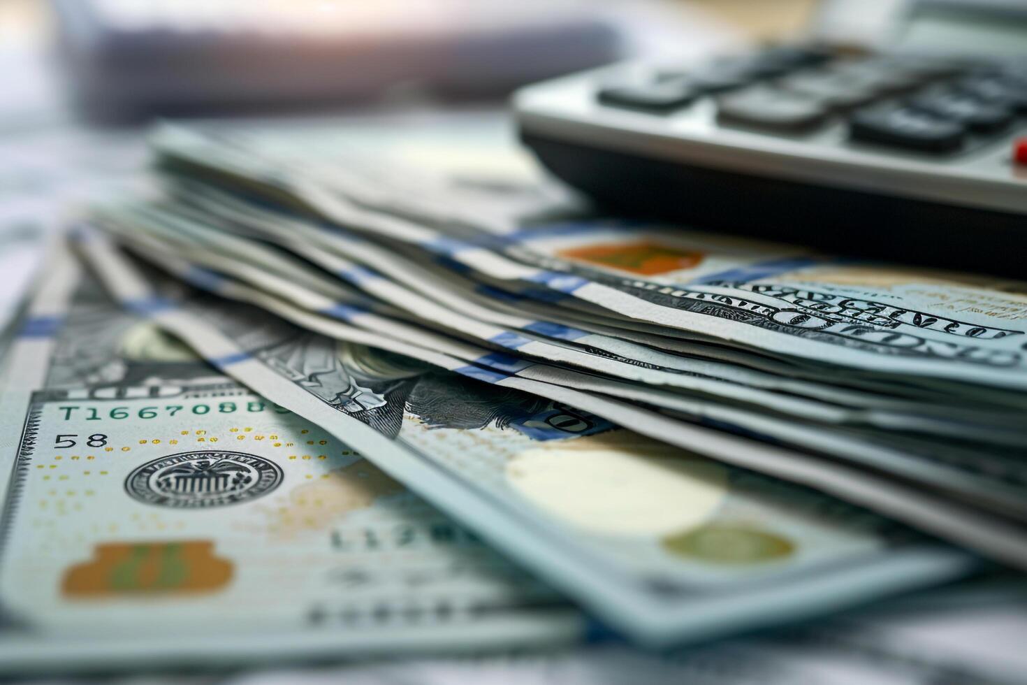 Stack of Hundred Dollar Bills with Calculator and Financial Report photo