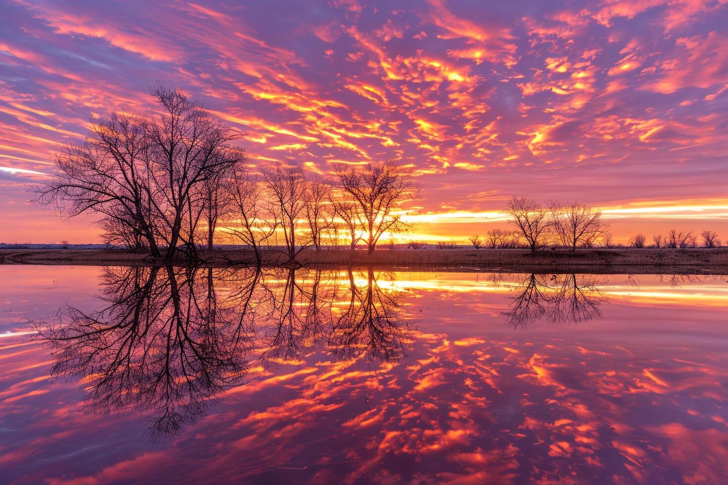 Still Lake Reflecting a  Sunset Sky with Silhouetted Trees   Background Nature photo