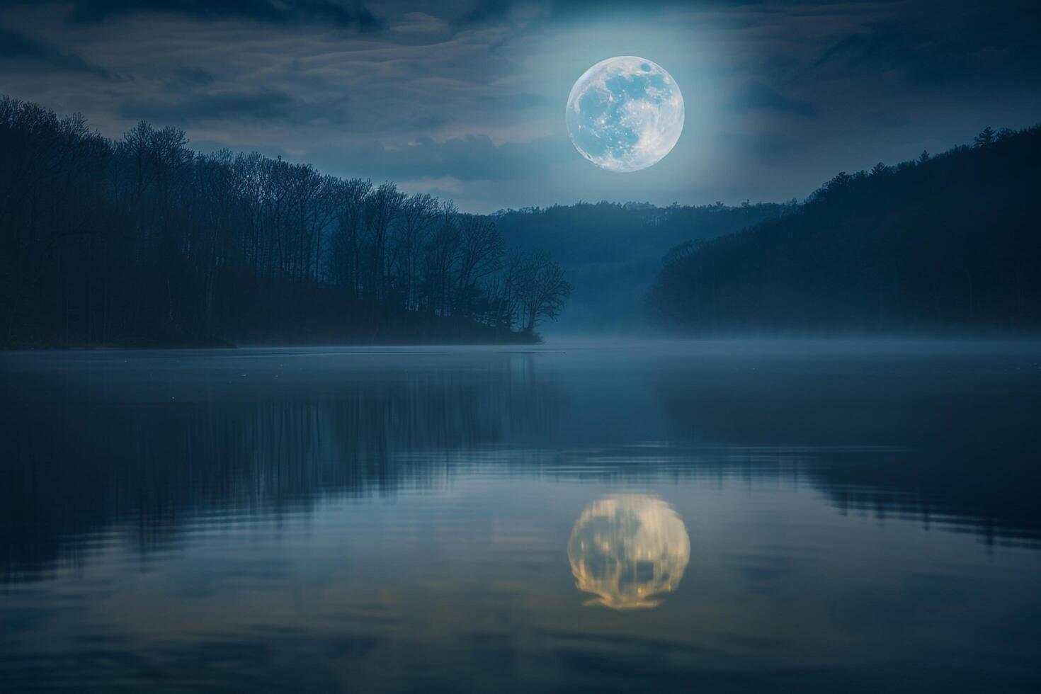 Full Moon s on Calm Lake Surface at Midnight   Background Nature photo