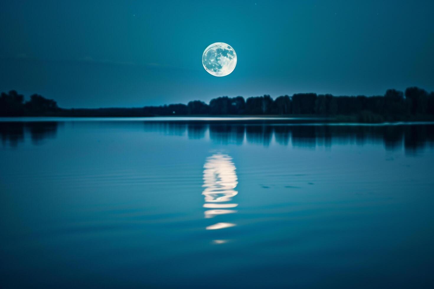 Full Moon Shimmering s on Calm Lake at Midnight   Background Nature photo