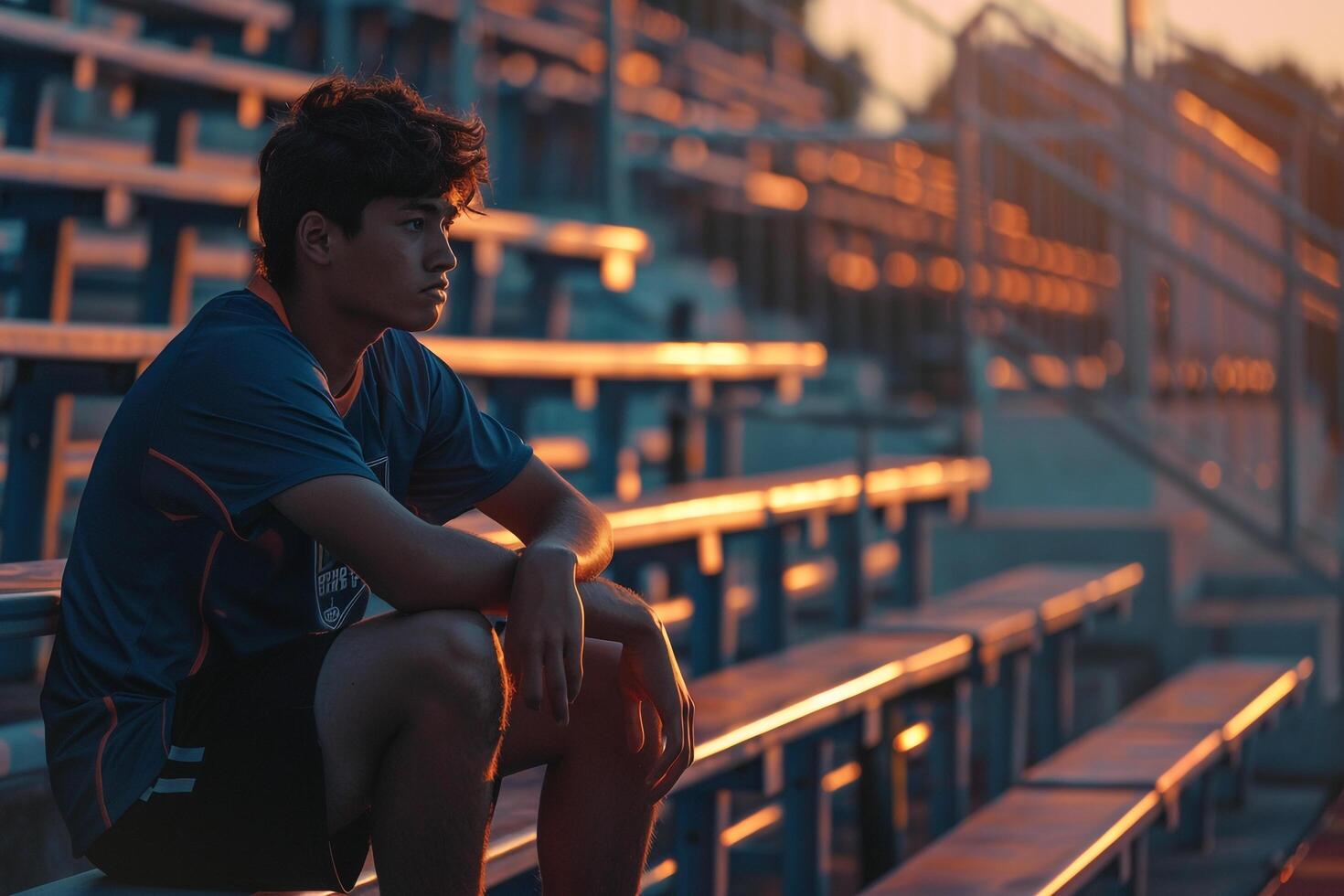 Soccer Player Sitting on Bench with Empty Stands   Reflective Mood photo