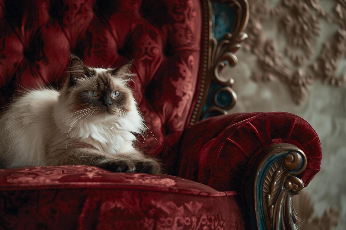 Ragdoll Cat Sitting Serenely on Velvet Throne Chair   Regal and Calm photo