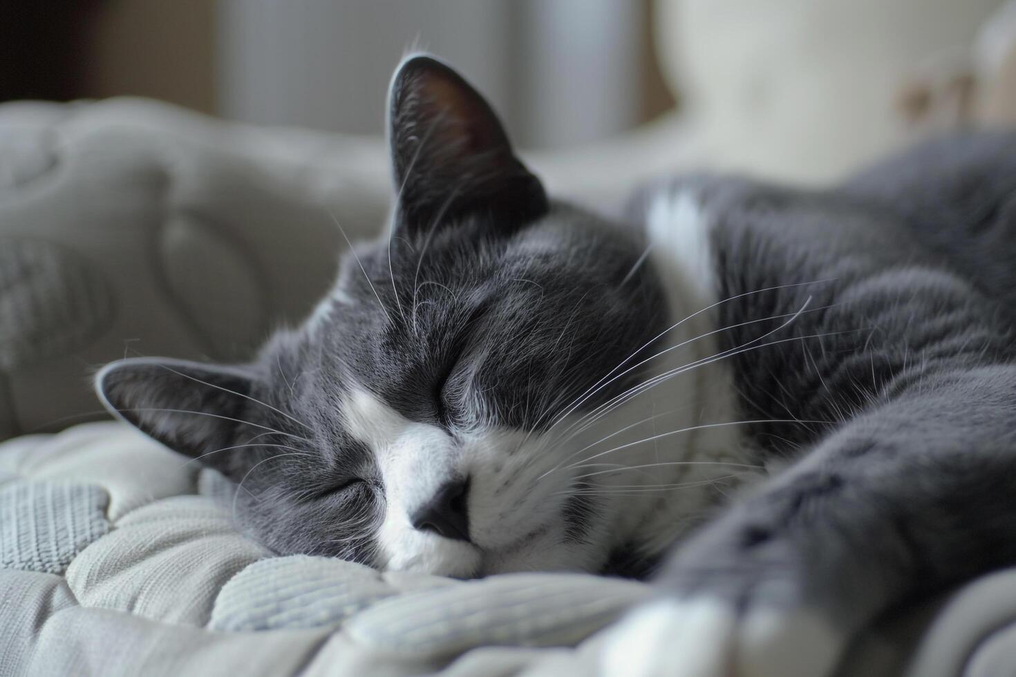 Gray and White Cat Lounging on  Chair   Content and Relaxed Look photo