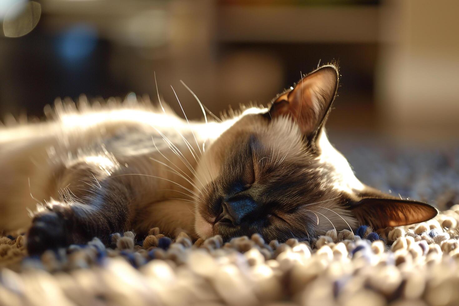 Siamese Cat Resting Comfortably on Plush Rug Enjoying a Peaceful and Cozy Moment in a Tranquil Space photo