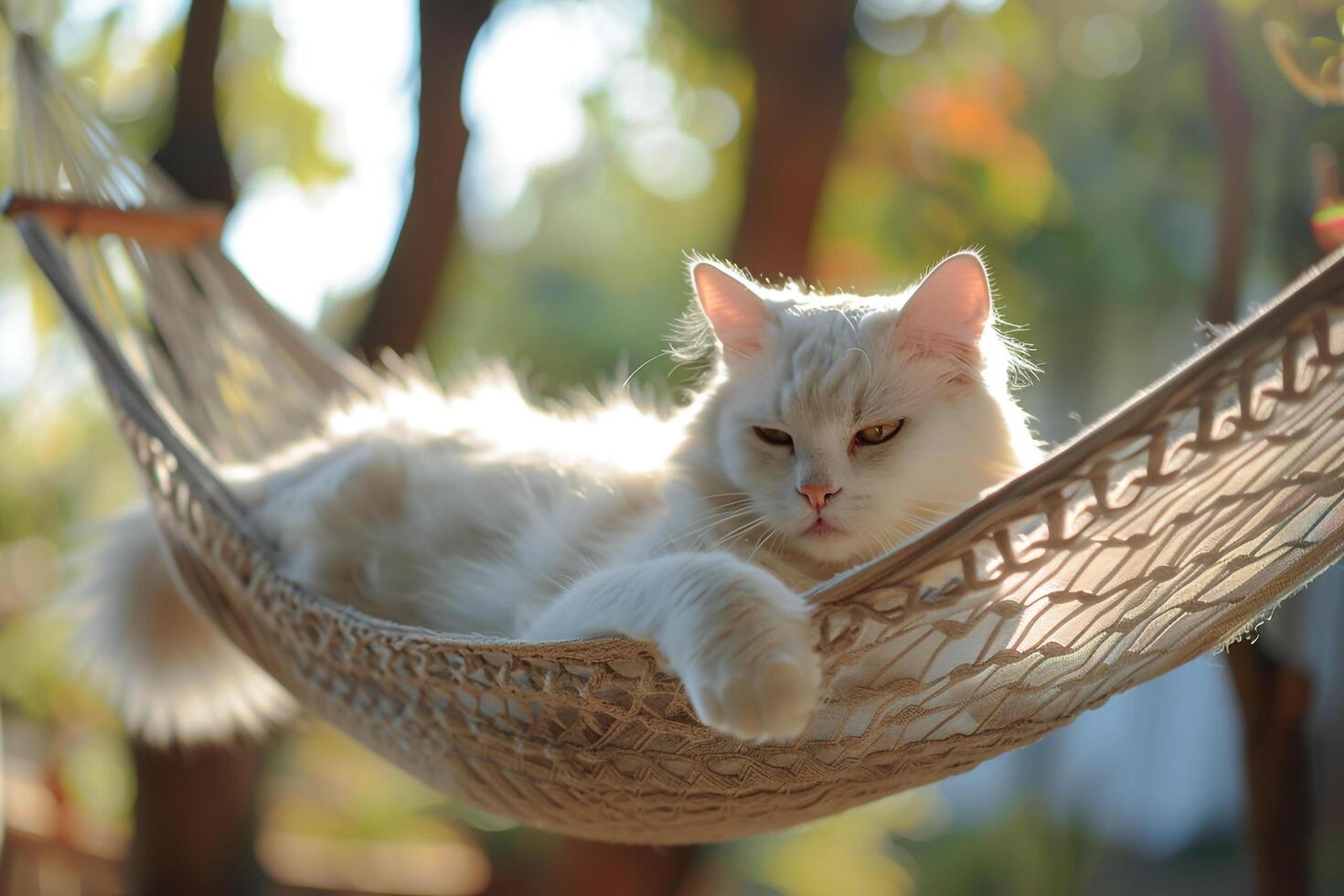 White Cat Lounging Lazily in a Hammock Swaying Gently Indulging in a Cozy Relaxed Moment photo