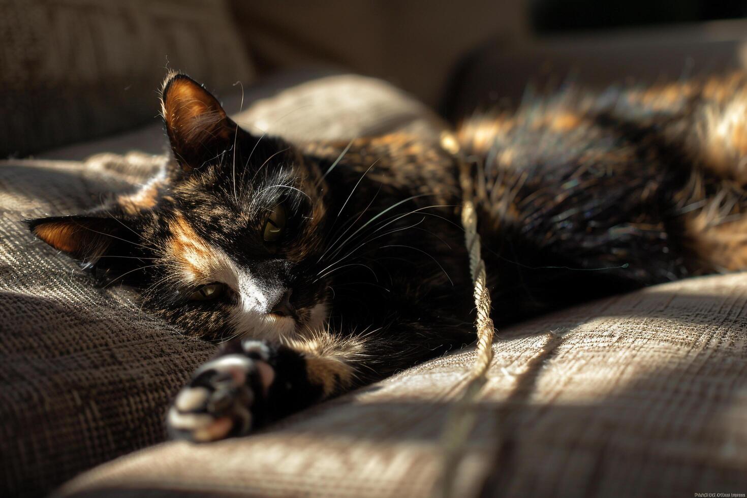 Tortoiseshell Cat Lounging in a Sunbeam Lazily Batting at a String Toy photo