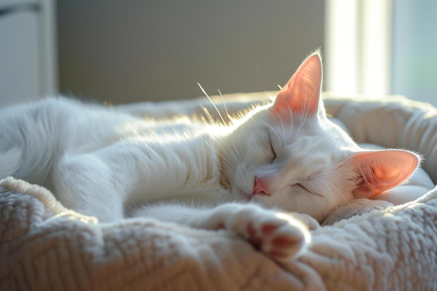 White Cat Sleeping Peacefully in a Cozy Cat Bed Enjoying a  and Restful Nap photo