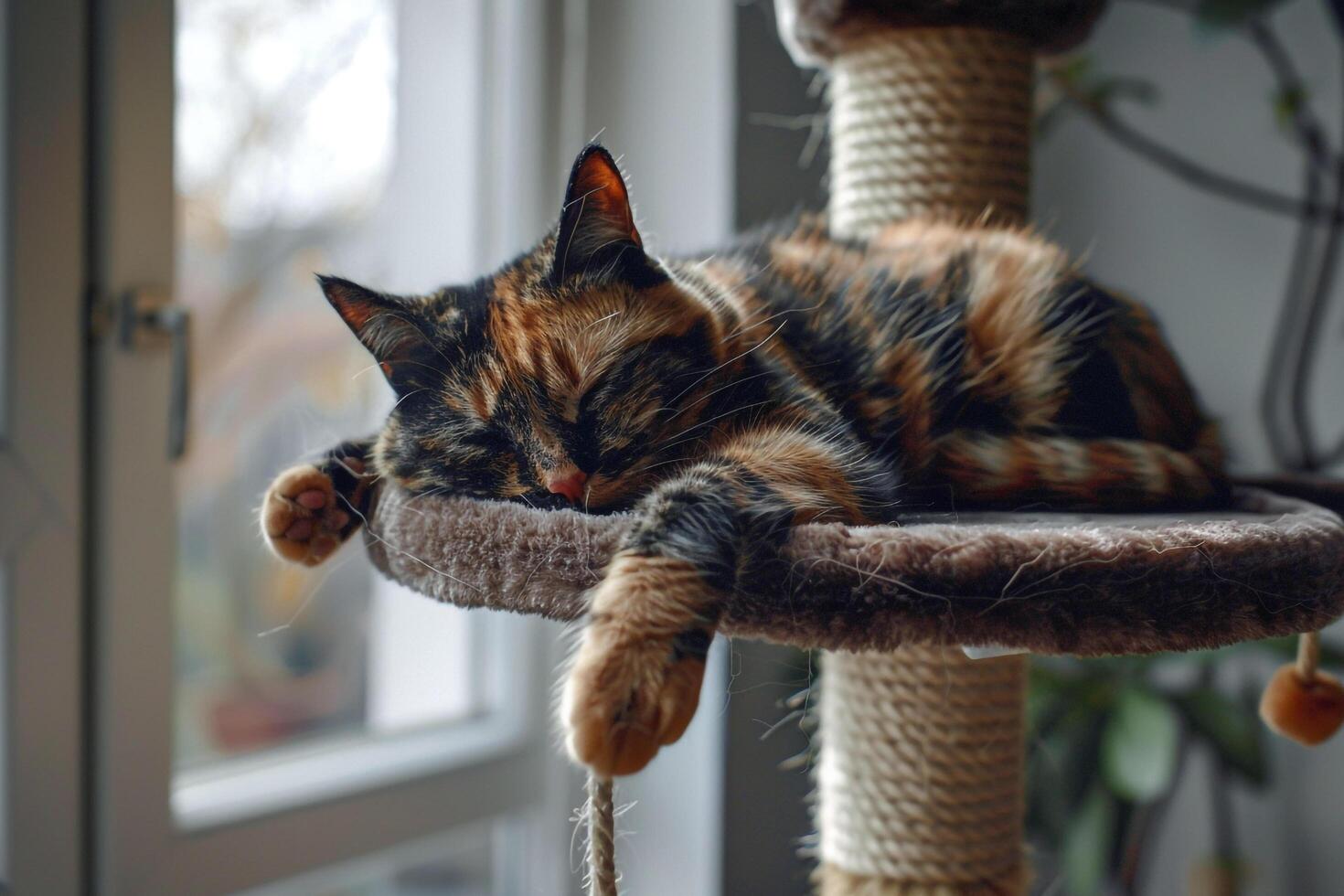 Tortoiseshell Cat Enjoying Playtime Batting at a Dangling Toy from a Comfortable Perch photo