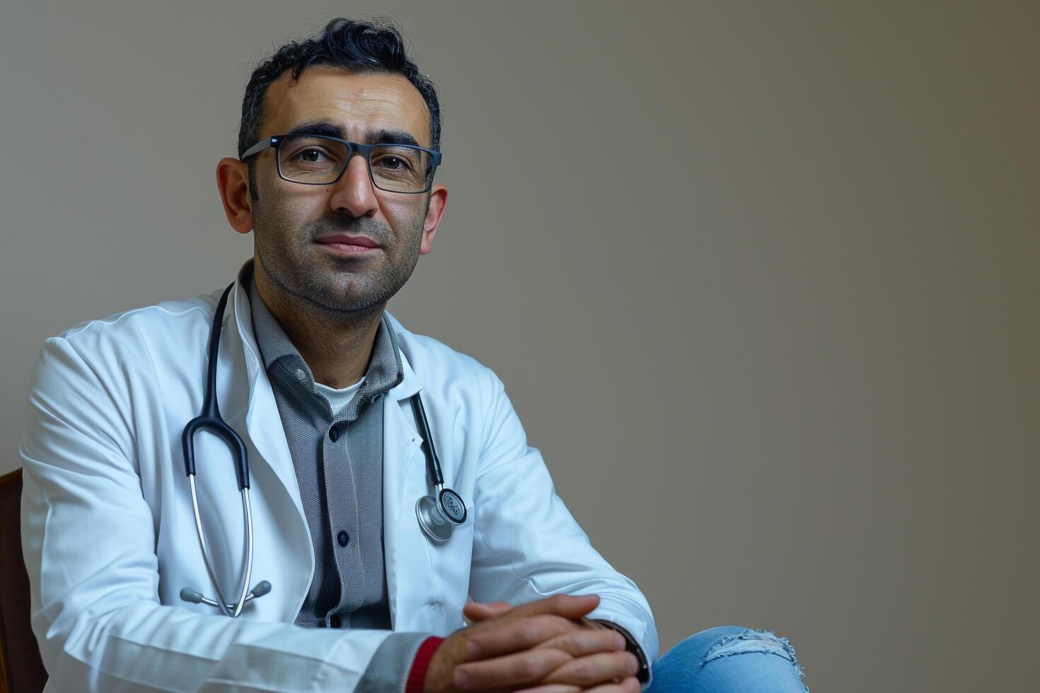 Male Doctor in Casual Attire Relaxed and Professional in a Beige Environment photo