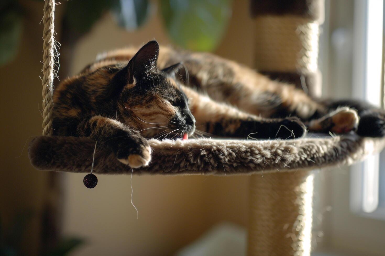 Tortoiseshell Cat Relaxing on a Comfortable Perch Batting at a Dangling Toy with Joyful Curiosity photo