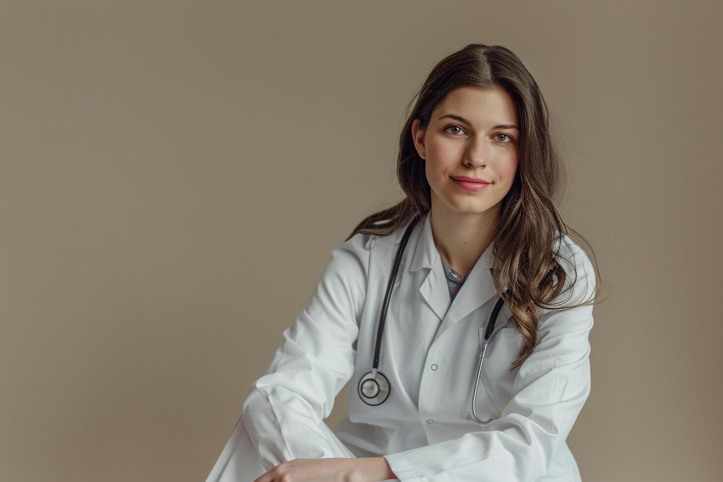 Beige Background Female Doctor Casual Attire with Professional Touch photo