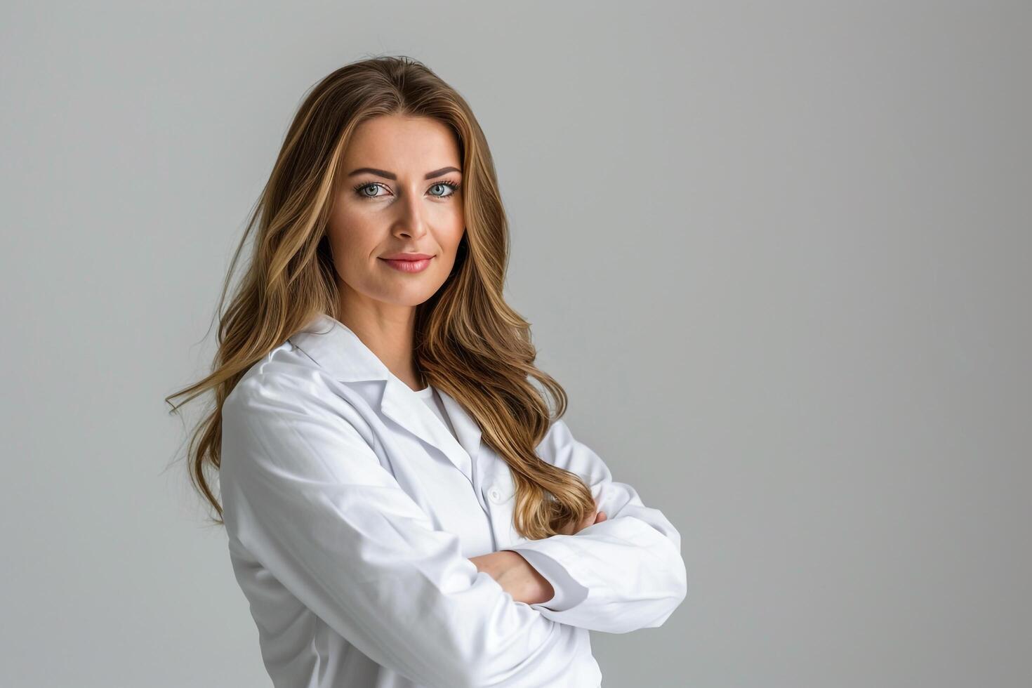 Female Doctor in Beige Attire Relaxed Pose with Professional Background photo